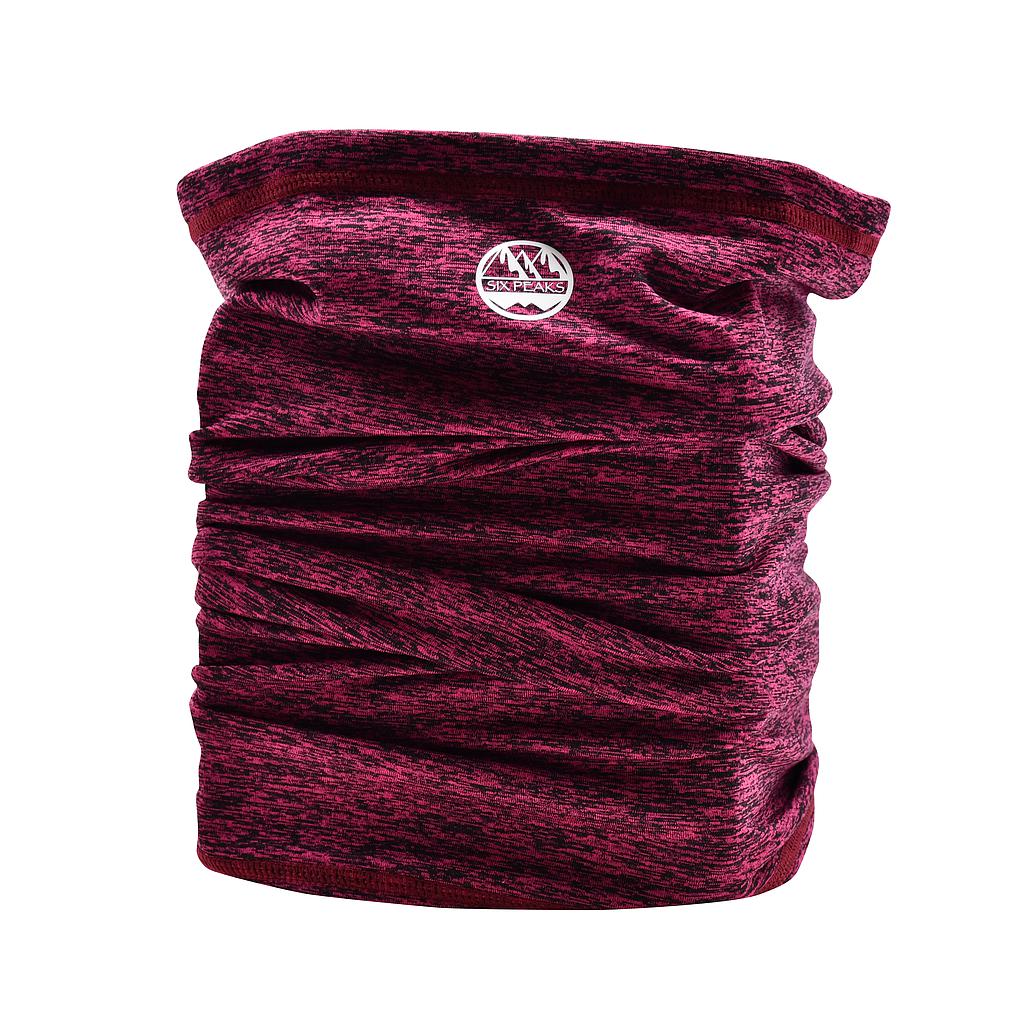 The Six Peaks Winter Neck Warmer in maroon heather features a small circular mountain logo with "Six Peaks" near the top. Its gathered, wind-resistant fabric is soft and stretchy, ensuring extra comfort in cold weather.