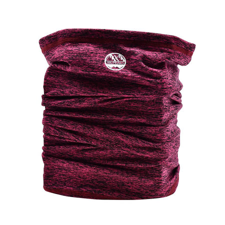 The Six Peaks Winter Neck Warmer in maroon heather features a small circular mountain logo with "Six Peaks" near the top. Its gathered, wind-resistant fabric is soft and stretchy, ensuring extra comfort in cold weather.