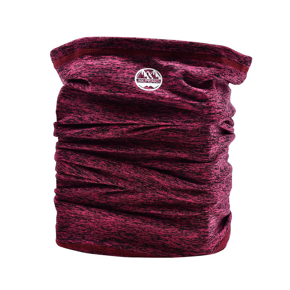 The Six Peaks Winter Neck Warmer in maroon heather features a small circular mountain logo with "Six Peaks" near the top. Its gathered, wind-resistant fabric is soft and stretchy, ensuring extra comfort in cold weather.