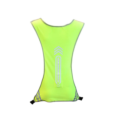 The Six Peaks LED Reflective Sport Vest by Six Peaks is a bright yellow-green hi-visibility vest with gray trim, shown from the back, featuring reflective stripes and a central zipper design.