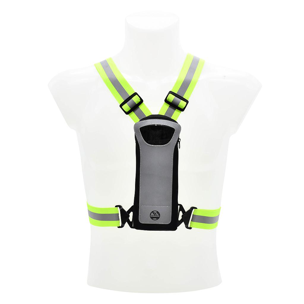 The Six Peaks LED Reflective Vest with Phone Holder is a neon yellow and gray hi-vis vest with adjustable straps and a front pocket, shown on a white mannequin torso. Brand: Six Peaks.