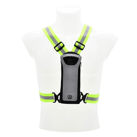 The Six Peaks LED Reflective Vest with Phone Holder is a neon yellow and gray hi-vis vest with adjustable straps and a front pocket, shown on a white mannequin torso. Brand: Six Peaks.