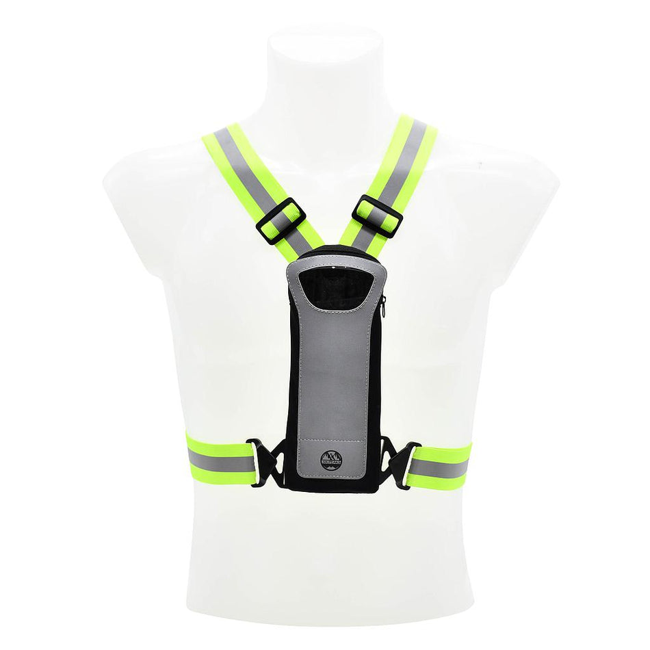 The Six Peaks LED Reflective Vest with Phone Holder is a neon yellow and gray hi-vis vest with adjustable straps and a front pocket, shown on a white mannequin torso. Brand: Six Peaks.
