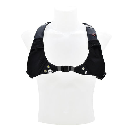 The Six Peaks LED Sport Vest by Six Peaks is a black rechargeable safety vest with shoulder straps, a front buckle, small buttons, and a power symbol for visibility and functionality, shown on a white headless mannequin torso.