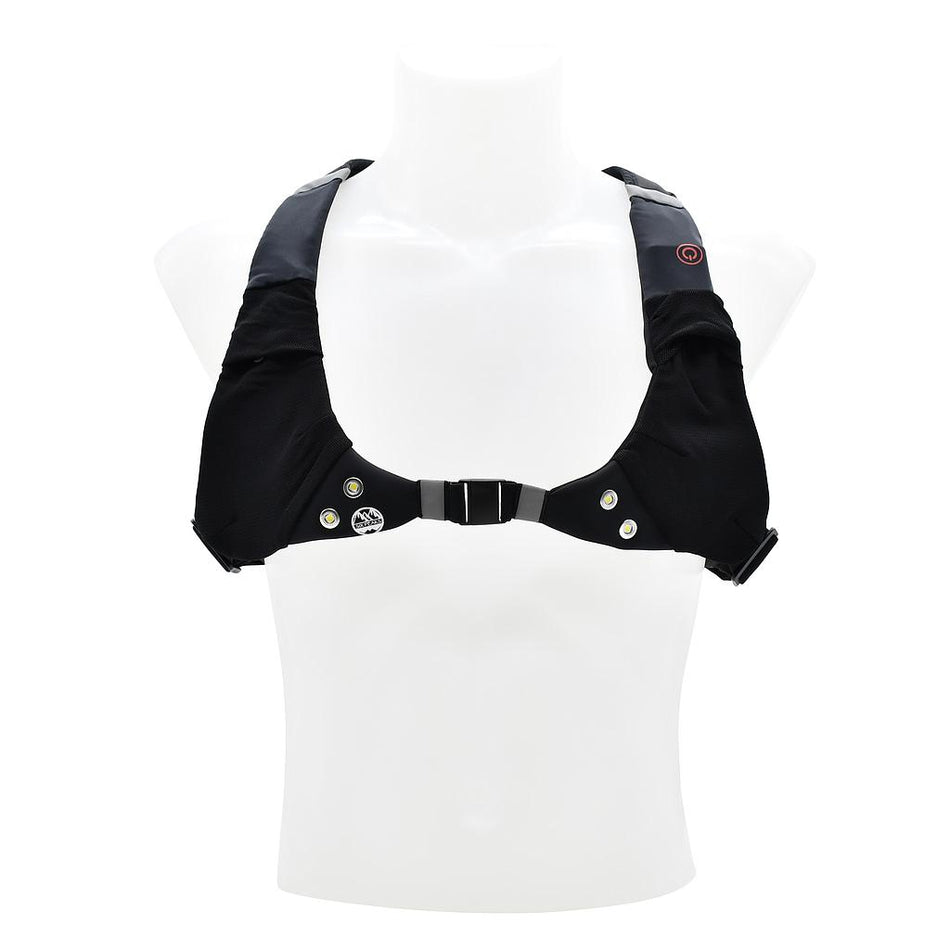 The Six Peaks LED Sport Vest by Six Peaks is a black rechargeable safety vest with shoulder straps, a front buckle, small buttons, and a power symbol for visibility and functionality, shown on a white headless mannequin torso.