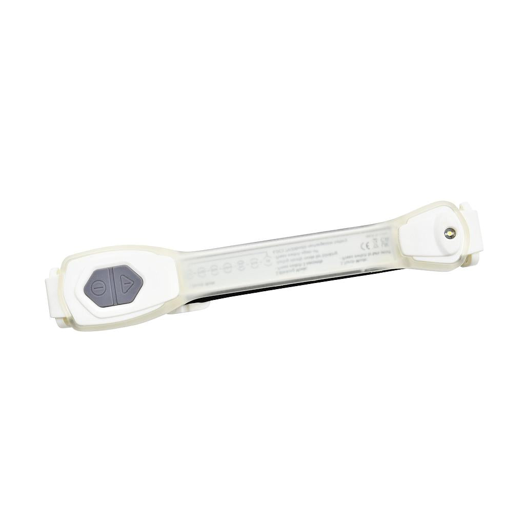 The Six Peaks LED Armband Running Safety Light by Six Peaks is a white, rectangular rechargeable device with a gray button and triangle icons on one end and a small metal connector on the other, displayed against a plain white background.