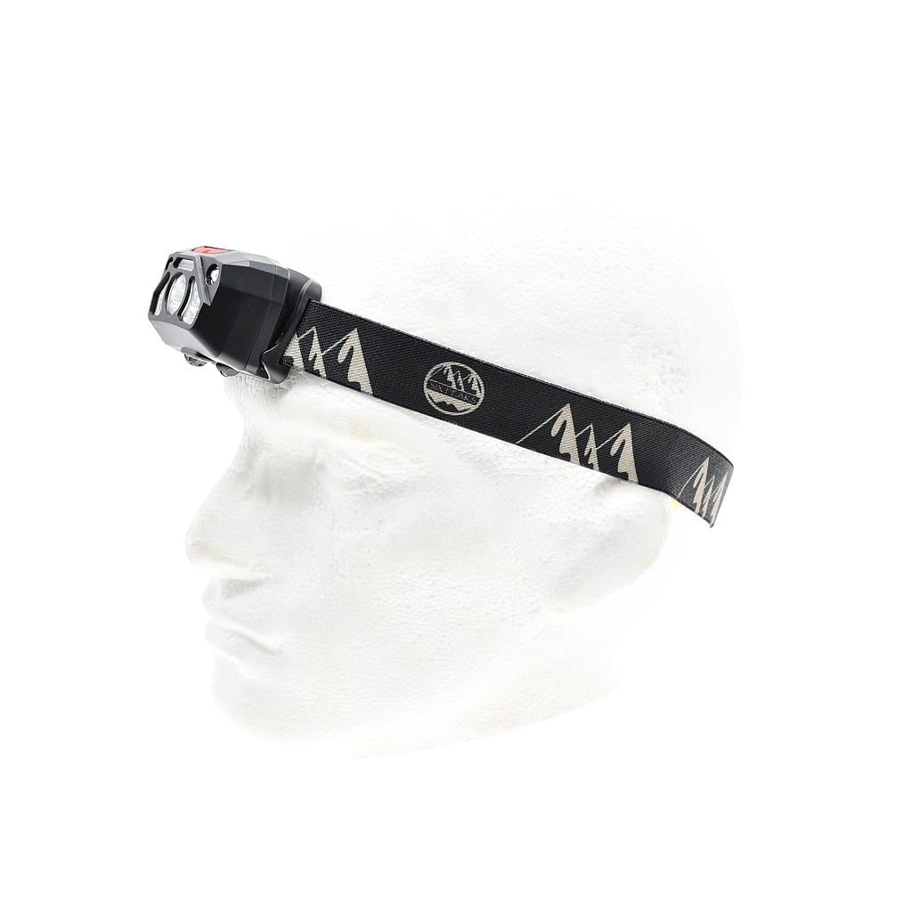 A white mannequin head displays the Six Peaks LED Head torch with Motion Sensor by Six Peaks, featuring an adjustable strap with mountain designs and logo, worn on the forehead for hands-free use.