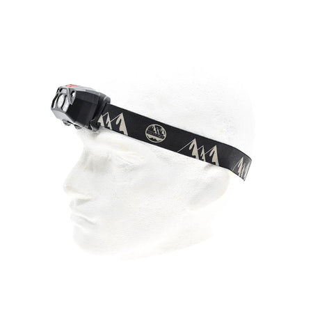 A white mannequin head displays the Six Peaks LED Head torch with Motion Sensor by Six Peaks, featuring an adjustable strap with mountain designs and logo, worn on the forehead for hands-free use.