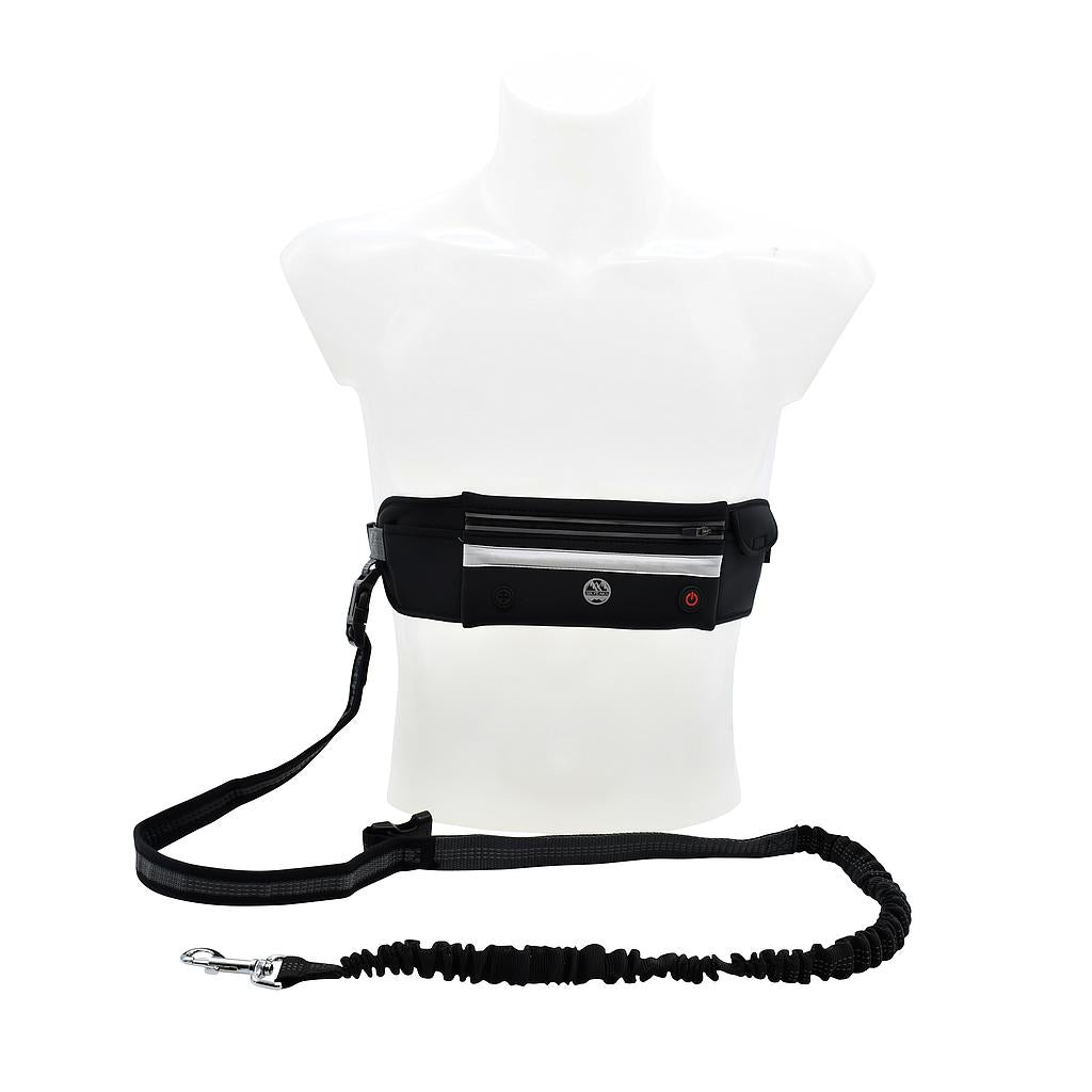 The Six Peaks LED Dog Lead Running Belt, by Six Peaks, is shown on a white mannequin torso. This black hands-free waist belt has an adjustable strap, bungee section, and a secure clip for your pet.