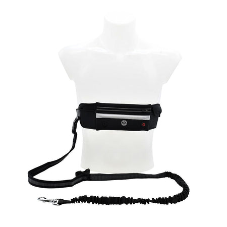 The Six Peaks LED Dog Lead Running Belt, by Six Peaks, is shown on a white mannequin torso. This black hands-free waist belt has an adjustable strap, bungee section, and a secure clip for your pet.