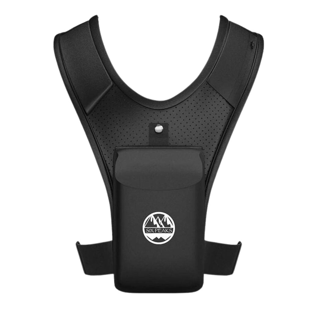 The Six Peaks Running Vest with Phone Holder features wide shoulder straps, adjustable side bands, a reflective front pouch with the Six Peaks logo, and durable textured material—ideal for hands-free carrying of small items or your phone.