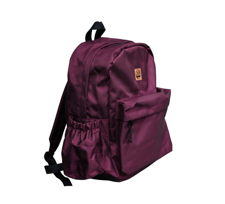The Six Peaks Icon 30 Liter Backpack features a maroon design, black adjustable straps, front zippered pocket, patch logo, side pockets, and a padded laptop sleeve. Shown against a plain white background.