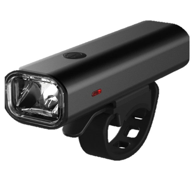 The Six Peaks Cycling Front Light by Six Peaks features a rectangular LED lens, top power button, side red indicator, and adjustable rubber strap. USB rechargeable, it delivers up to 400 lumens for safe night rides.
