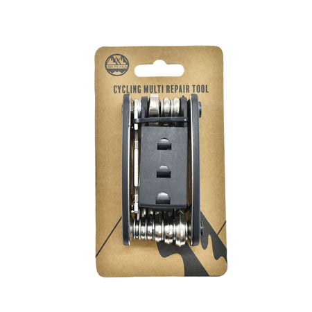 The Six Peaks Cycling Multi Repair Tool by Six Peaks features fold-out metal tools for bike maintenance, packaged on brown cardboard labeled “Six Peaks Cycling Multi Repair Tool” with a mountain logo at the top.
