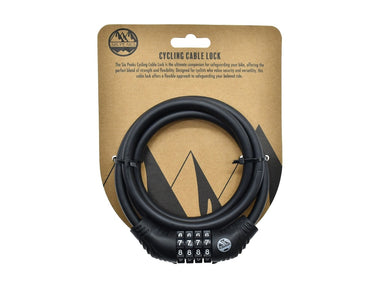 The Six Peaks Cycling Cable Lock, shown coiled on brown cardboard packaging with the brand's mountain logo, provides secure bike protection and comes preset to code 7777.