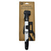The Six Peaks Cycling Mini Hand Pump by Six Peaks, in silver and black, is attached to brown cardboard packaging that includes a wall mount and product details at the top.