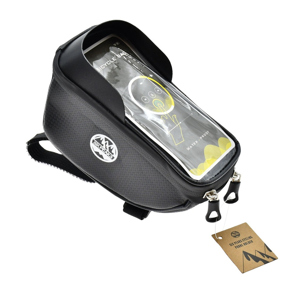 The Six Peaks Cycling Phone Holder by Six Peaks is a black handlebar bag featuring a textured surface, transparent top phone pocket, two front zipper pulls, beige tag, and logo on the side.