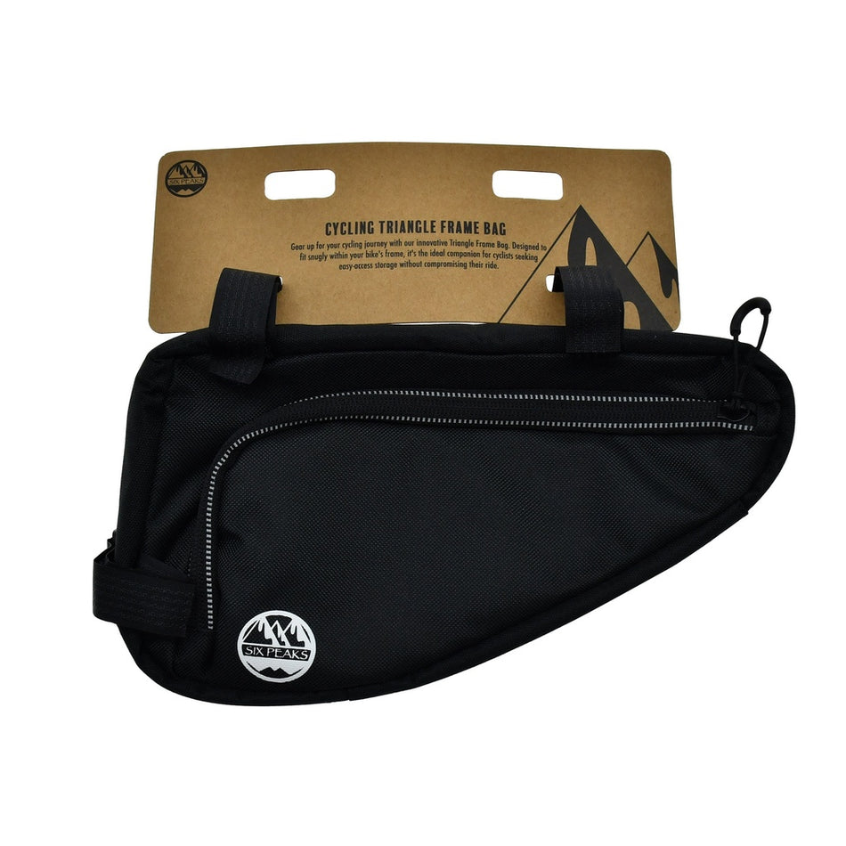 A black Six Peaks Cycling Triangle Frame Bag with zippered pocket and two straps, attached to brown packaging labeled "Cycling Triangle Frame Bag," features the Six Peaks logo for convenient bike frame storage.