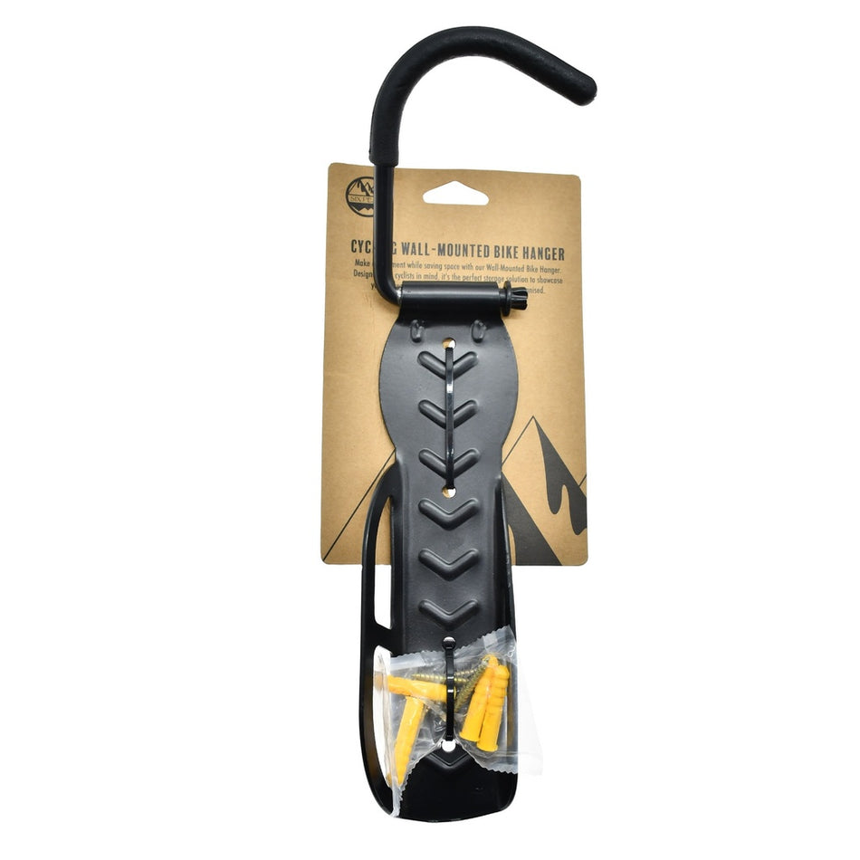 The Six Peaks Cycling Wall-Mounted Bike Hanger by Six Peaks is a black metal storage solution, supplied with installation screws and plugs in plastic bags, and packaged in brown cardboard.