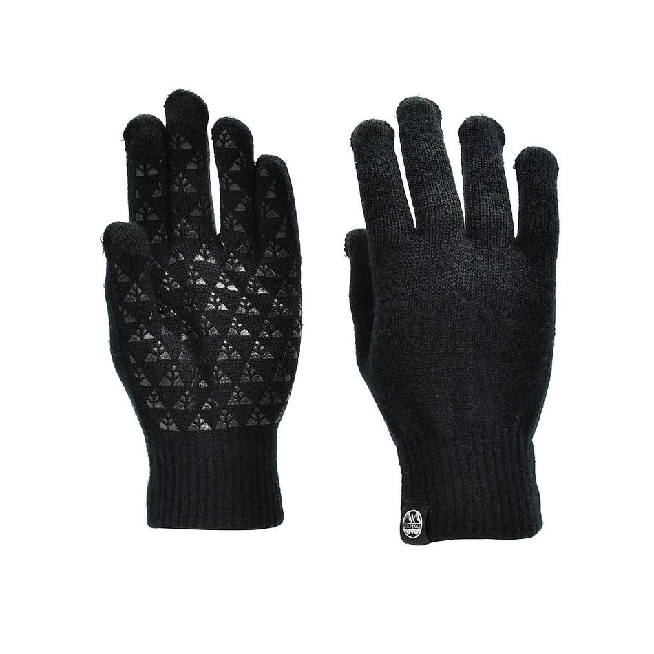 The image shows Six Peaks Winter Knitted Gloves in black: one features a grippy triangle pattern on the palm, while the other is plain with a small Six Peaks logo near the wrist, all displayed on a white background.