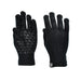 The image shows Six Peaks Winter Knitted Gloves in black: one features a grippy triangle pattern on the palm, while the other is plain with a small Six Peaks logo near the wrist, all displayed on a white background.