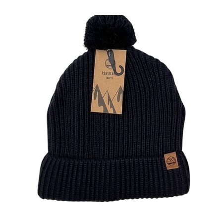 The Six Peaks Pom Beanie is a navy ribbed knit hat with a pom-pom, folded cuff, and brown tag on the cuff. It comes with a top product tag featuring mountain graphics.