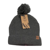 The Six Peaks Pom Beanie is a grey ribbed knit winter hat with a large pom-pom, folded brim, and two brown tags—one on the cuff and one on top—featuring Six Peaks branding and mountain graphics.