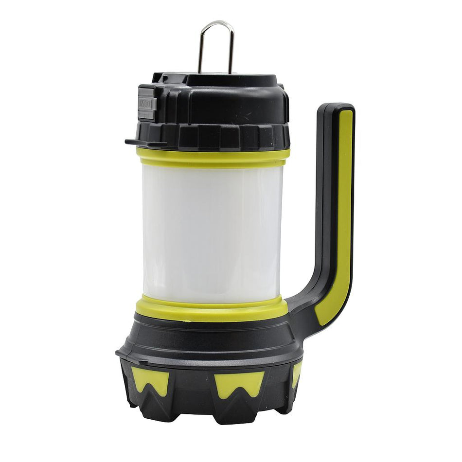 The Six Peaks Multi-function Torch Lantern by Six Peaks is a black and yellow portable LED lantern with a side handle, top metal hook, and rechargeable torch—ideal for outdoor adventures or emergency use.