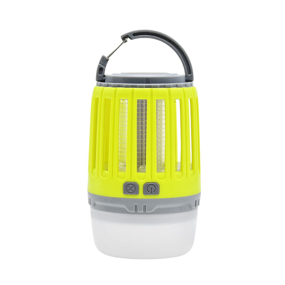 The Six Peaks Multi-function Bug Zapper Lantern by Six Peaks is a yellow and gray portable lantern featuring a handle, two front buttons, a protective cage around the light source, and a frosted bottom section.