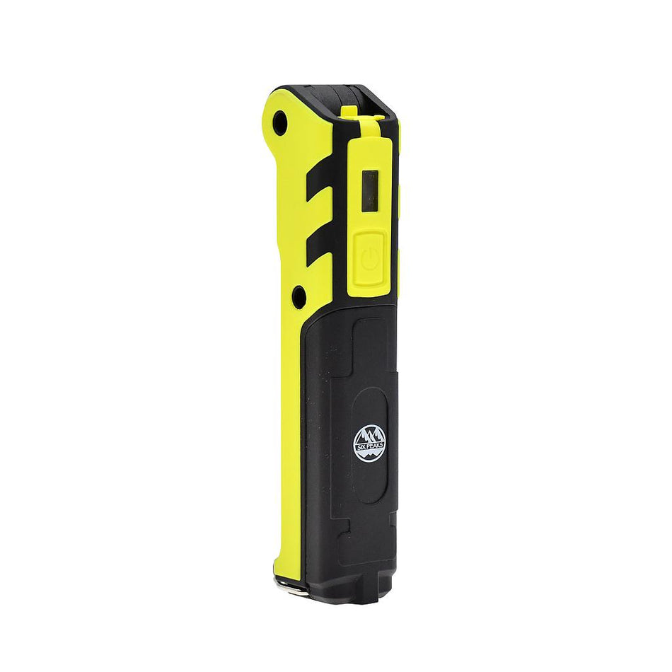 The Six Peaks Multi-function LED Work Light, a yellow and black handheld emergency tool by Six Peaks, features a button, small blade, and built-in portable LED light for safety or rescue. It stands upright against a white background.