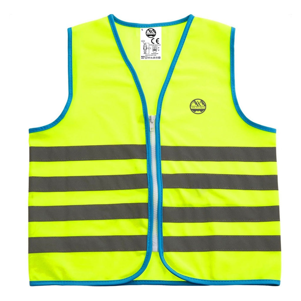The Six Peaks Unisex Reflective Vest by Six Peaks features bright yellow fabric, blue trim, two front gray stripes, a zipper closure, and a small circular logo on the left chest—ideal for night running.
