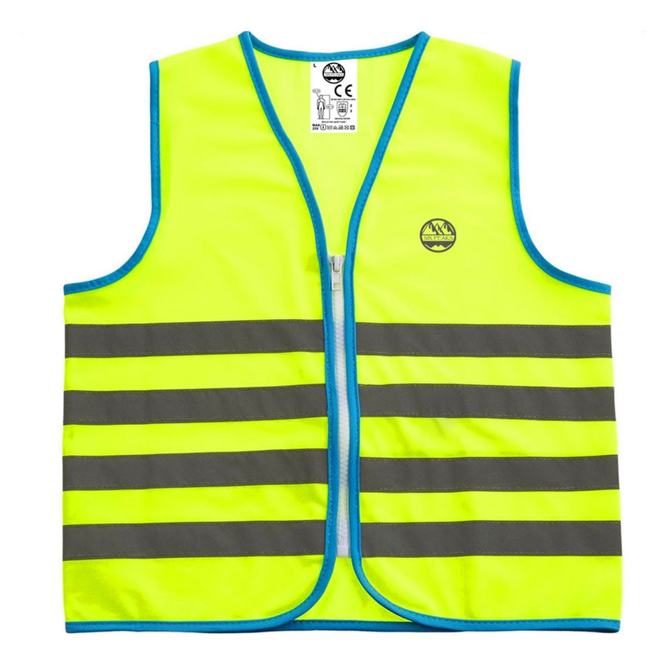 The Six Peaks Unisex Reflective Vest by Six Peaks features bright yellow fabric, blue trim, two front gray stripes, a zipper closure, and a small circular logo on the left chest—ideal for night running.