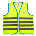 The Six Peaks Junior Unisex Reflective Vest by Six Peaks is bright yellow with blue trim, three horizontal reflective gray stripes, a front zipper, and a small safety logo on the left chest. The vest is shown laid flat on a white background.