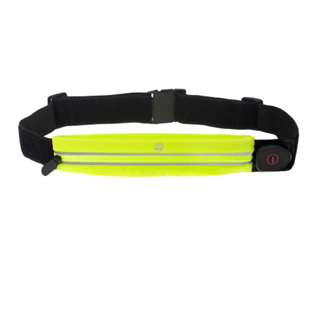 The Six Peaks LED Running Belt by Six Peaks features high-visibility yellow material, a zippered pocket, reflective strip, adjustable black strap with plastic buckle, and a round button on the side for night-time light and safety.