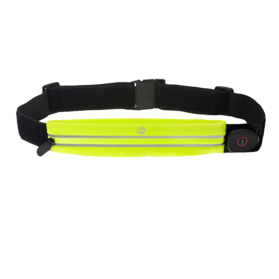 The Six Peaks LED Running Belt by Six Peaks features high-visibility yellow material, a zippered pocket, reflective strip, adjustable black strap with plastic buckle, and a round button on the side for night-time light and safety.