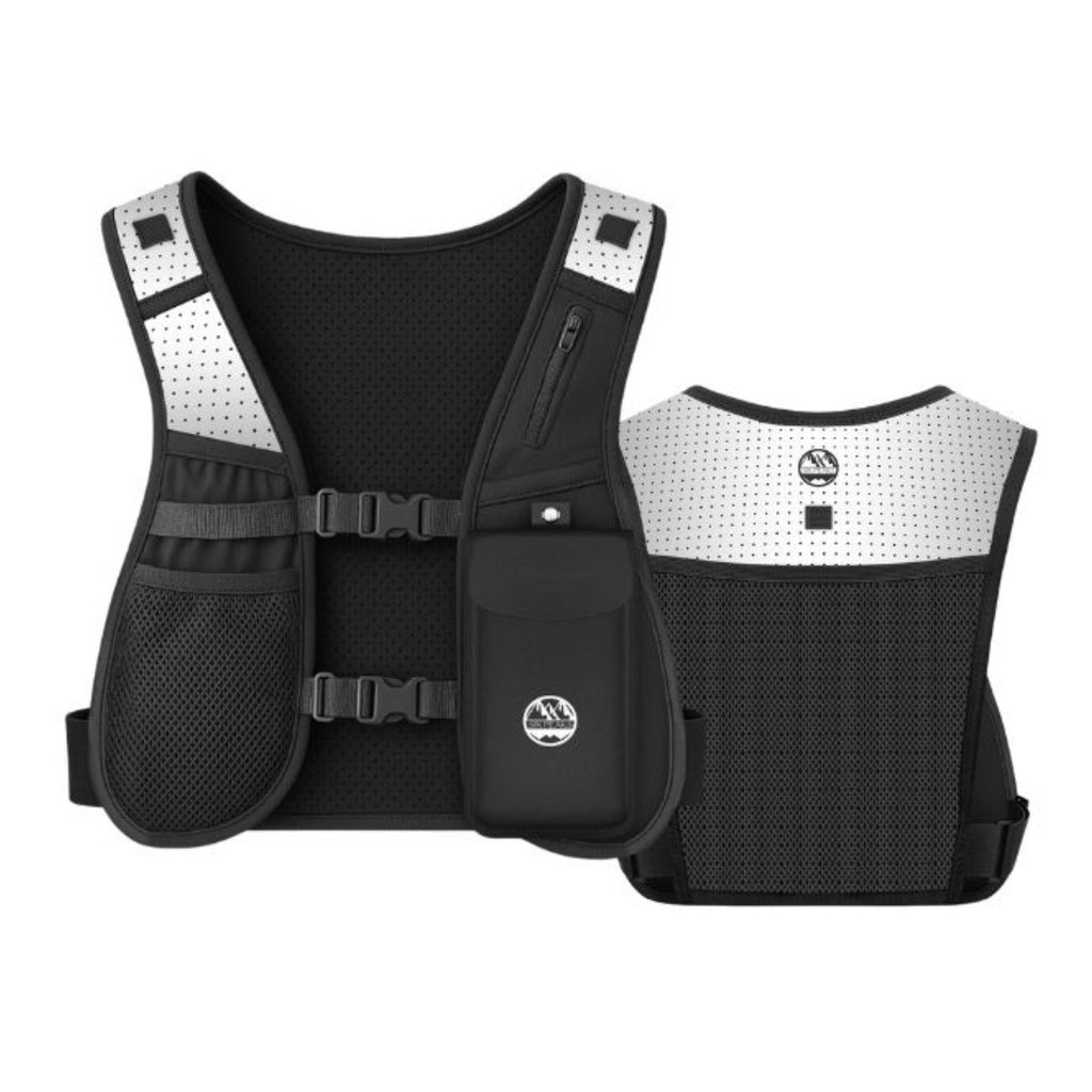 The Six Peaks Hydration Running Vest by Six Peaks in black features mesh fabric, multiple pockets, adjustable side straps, reflective shoulder panels, and a zippered chest pocket—perfect for trail running. Displayed in both front and back views.