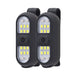 The Six Peaks LED Clip-On Lights by Six Peaks feature a black rectangular design with central power buttons and multiple yellow LEDs for visibility. USB-C rechargeable, each has a back clip for easy attachment. Shown on a white background.