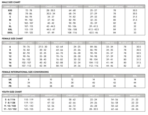 Gray Nicolls size charts provide male, female, female international, and youth conversions with chest, waist, hips, and legs in centimeters—perfect for selecting your Cam CC Velocity Mid Layer Black or any stretch fit garment with moisture control.
