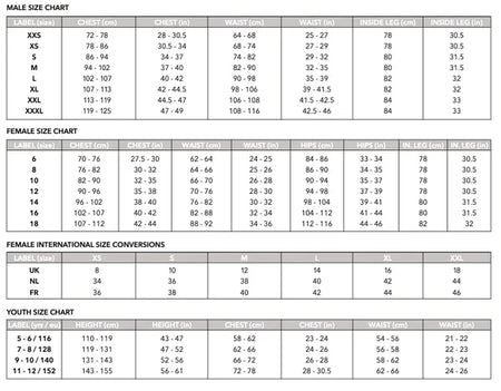 Gray Nicolls size charts provide male, female, female international, and youth conversions with chest, waist, hips, and legs in centimeters—perfect for selecting your Cam CC Velocity Mid Layer Black or any stretch fit garment with moisture control.