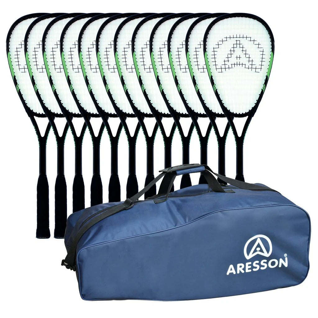 Eight Aresson All Play Squash Rackets stand upright in a row behind a blue Aresson sports bag. Each racket has a black handle and strap, making them durable and suitable for both beginner and experienced players.
