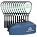Eight Aresson All Play Squash Rackets stand upright in a row behind a blue Aresson sports bag. Each racket has a black handle and strap, making them durable and suitable for both beginner and experienced players.