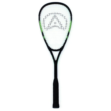 The Aresson All Play Squash Racket by Aresson features a black and green design, teardrop-shaped head, black strings, and a black grip, displayed against a white background.
