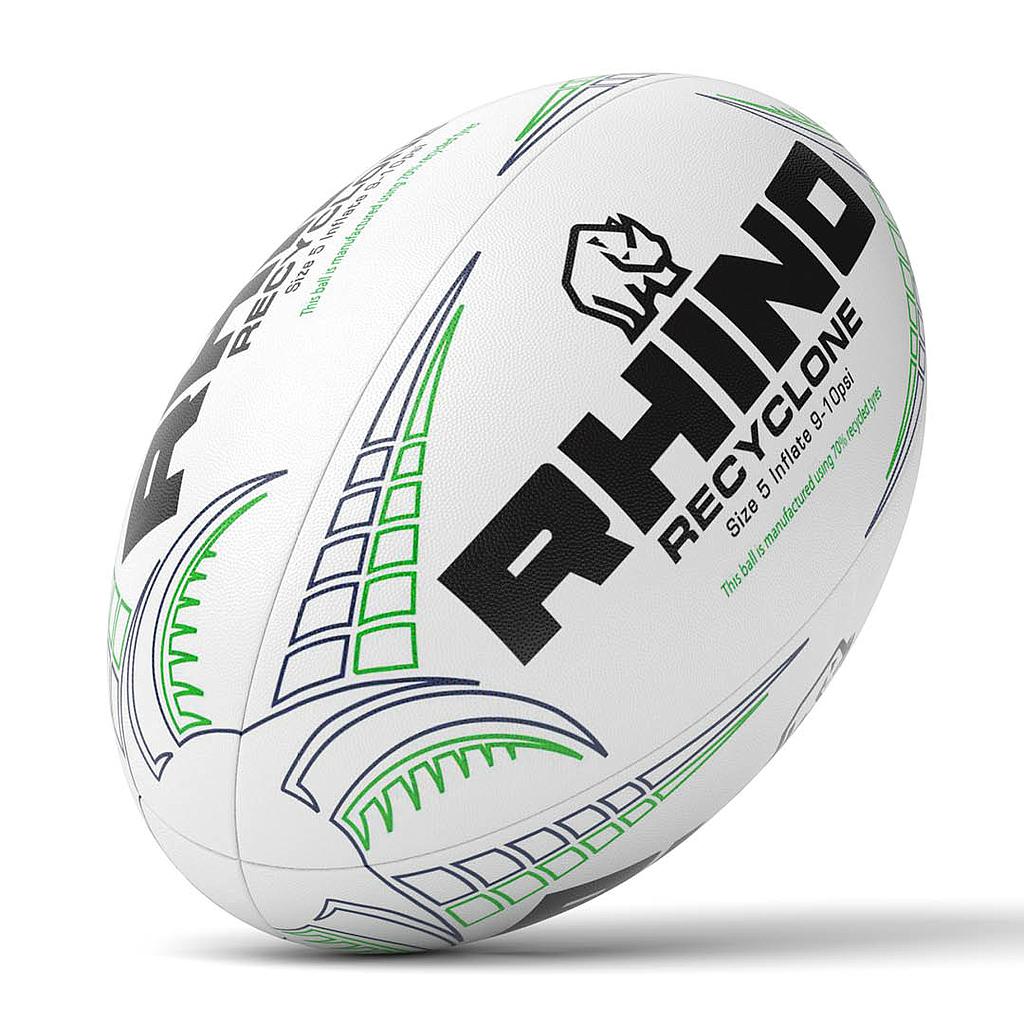 The Rhino Recyclone Rugby Ball, a white size 5 training ball by Rhino, features green and black accents, RECYCYLONE text, rhino logo, and is made from recycled tyres.