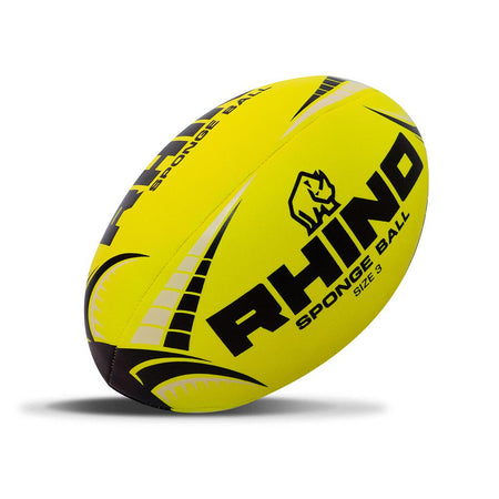 The Rhino Sponge Rugby Ball is a bright yellow size 3 ball with black and gray accents, made from soft foam and featuring the Rhino brand name, rhino logo, and "SPONGE BALL SIZE 3" text.