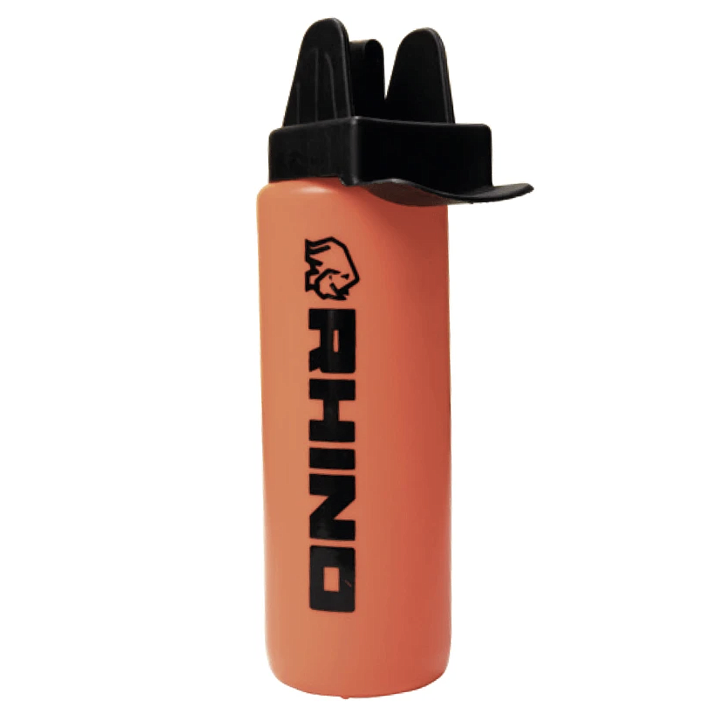 The Rhino Pro Water Bottle by Rhino is a coral, 1L bottle with a black lid, stylized rhino head, bold vertical "RHINO" print, and a non-contact mouth piece for easy drinking.