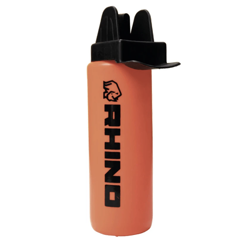 The Rhino Pro Water Bottle by Rhino is a coral, 1L bottle with a black lid, stylized rhino head, bold vertical "RHINO" print, and a non-contact mouth piece for easy drinking.