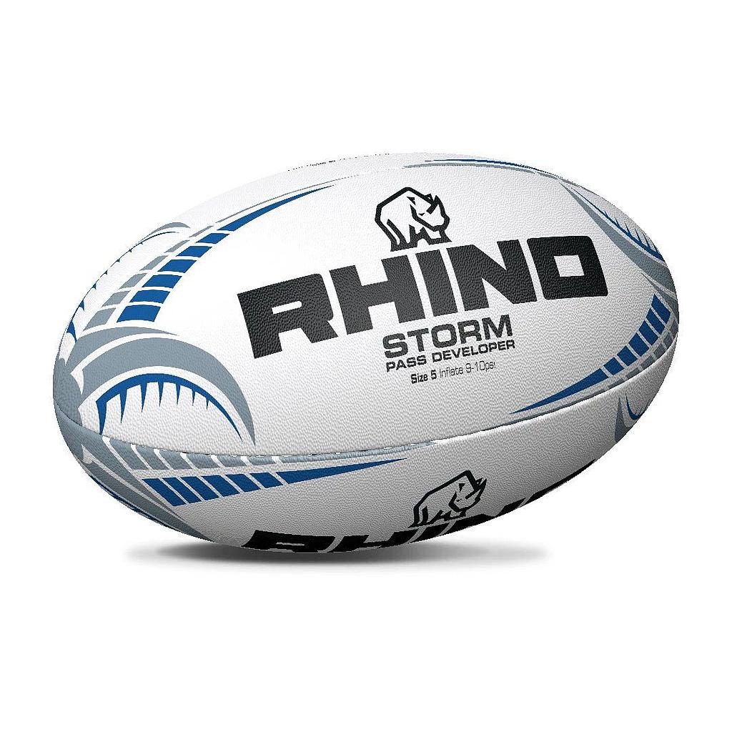 The Rhino Storm Pass Developer is a size 5 white and blue training rugby ball with RHINO branding and rhino logo on a plain white background—perfect for developing your passing skills.