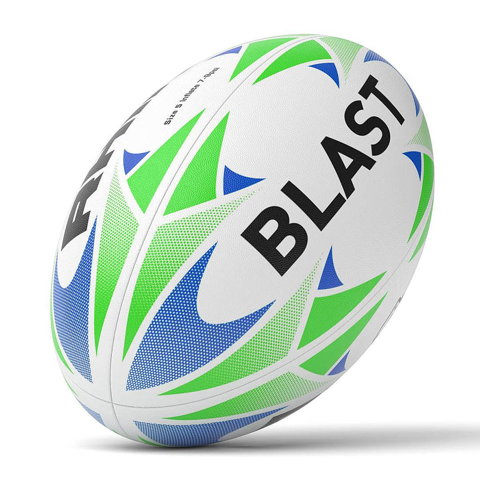 The Rhino Blast Rugby Ball by Rhino features green and blue geometric patterns with bold black lettering. This durable ball is pictured on a clean white background.