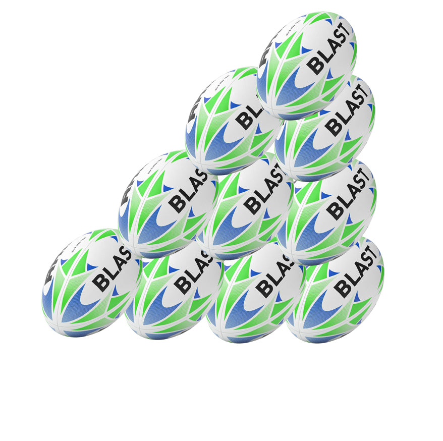 A pyramid stack of ten Rhino Blast Rugby Ball SZ5 from Rhino on a white background. Each hand-stitched ball features blue and green geometric patterns with “BLAST” in bold black letters.
