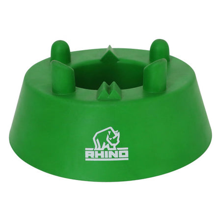 The Rhino Eco Kicking Tee is a green rugby kicking tee with four upright prongs and the white RHINO logo with a rhinoceros on the side.